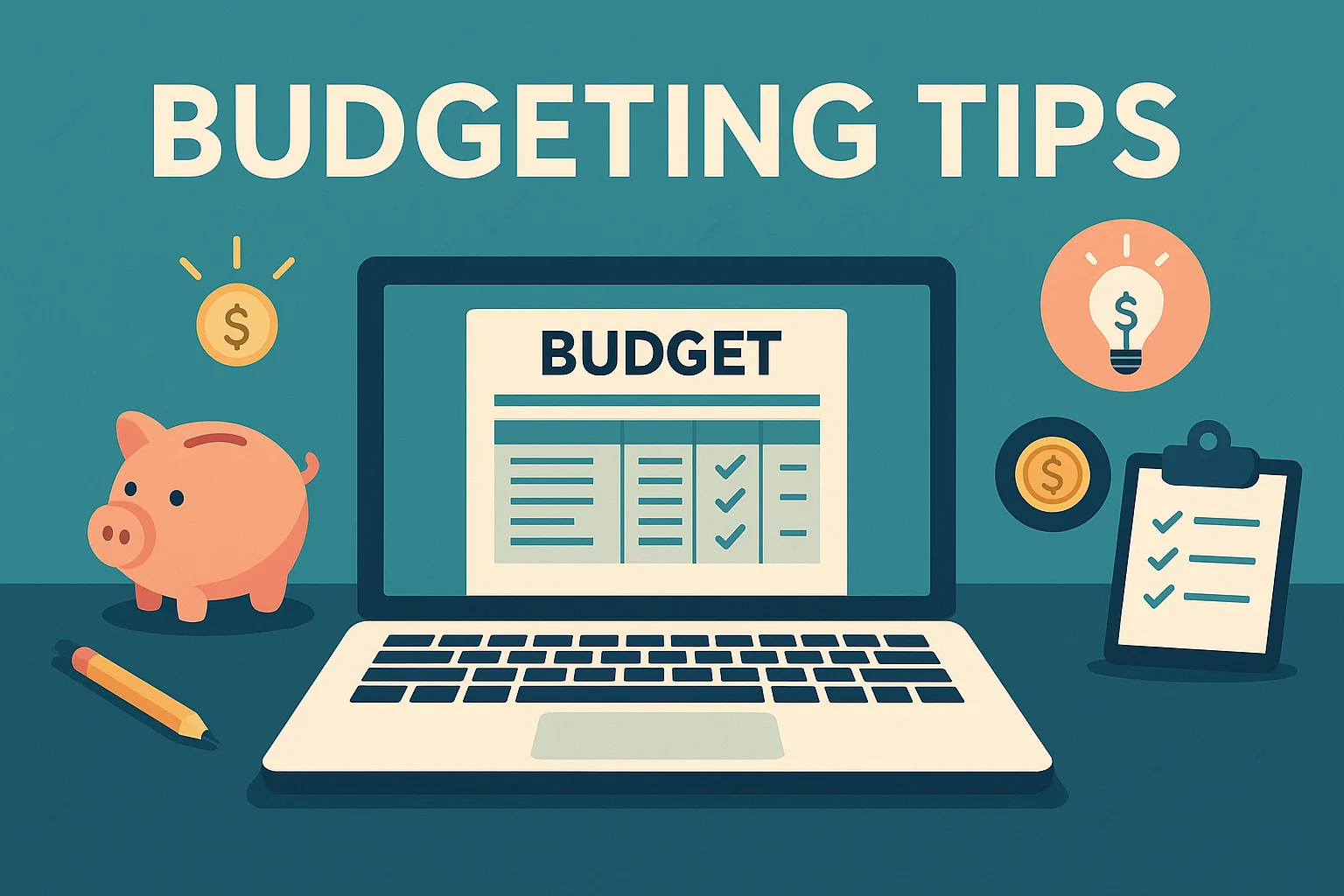 “Budgeting tips featured image: computer screen with budget table, piggy bank, pencil, and checklist symbols.